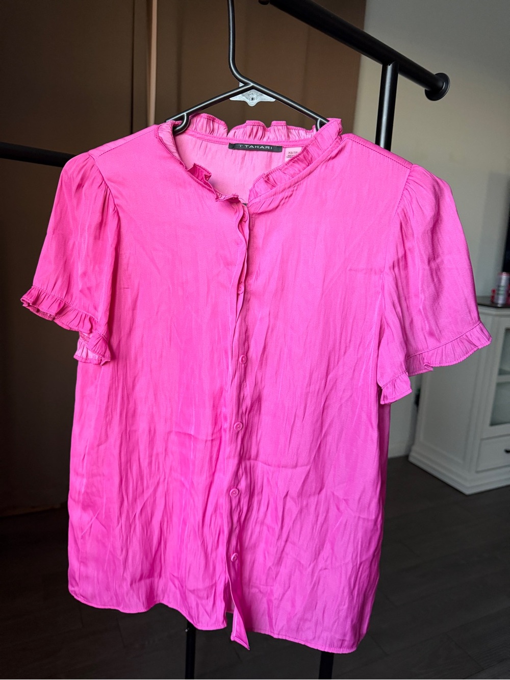 T Tahari Hot Pink Ruffle-Trim Button Front Blouse